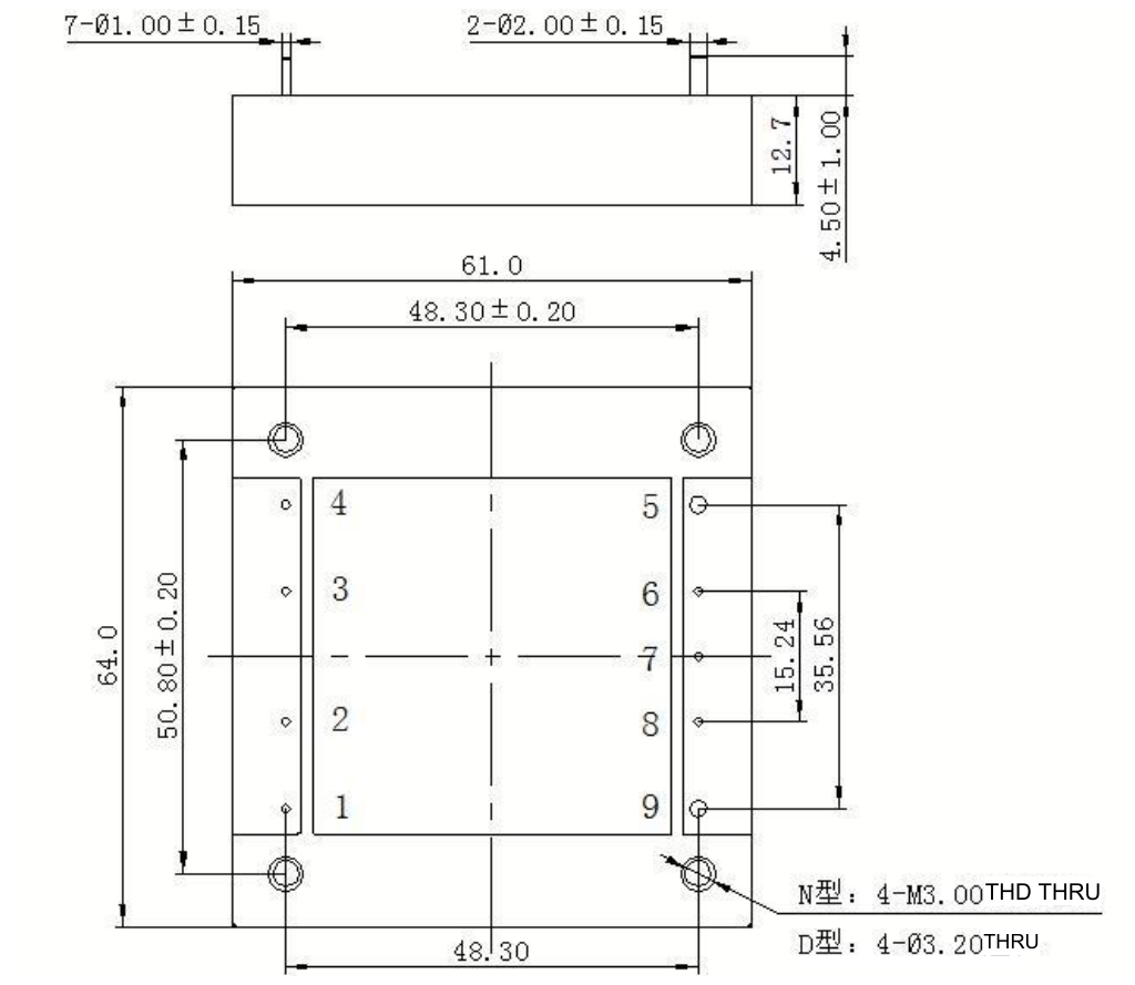 Technical figure: N: 4-M3.00 THD THRU, D: 4-Ø3.20 THRU