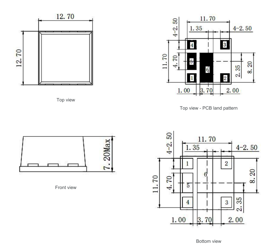 QWA outline: top view, PCB land pattern, front view and bottom view
