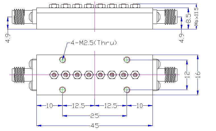 Bandpass Filter From 24.25GHz To 27.50GHz With N-Type 2.92mm(K) M/F Connectors OBP-258750-3250-Outline