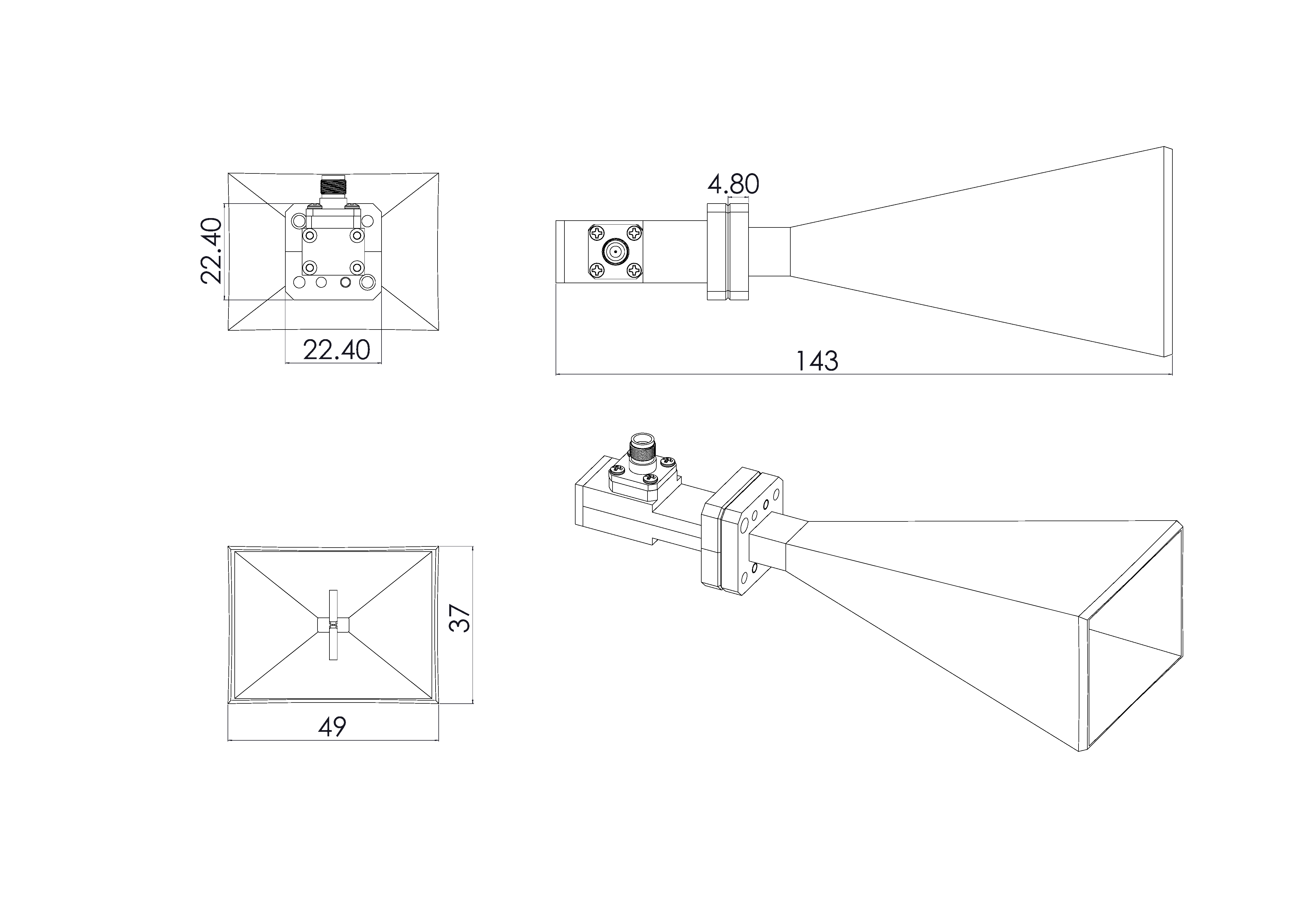 Ultra wide-band dual ridged horn antenna 18-40GHz-Outline