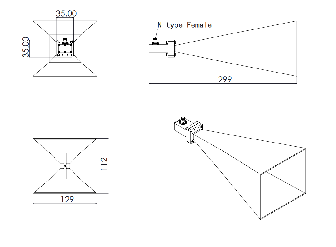 Ultra wide-band dual ridged horn antenna 5.8-15GHz-Outline