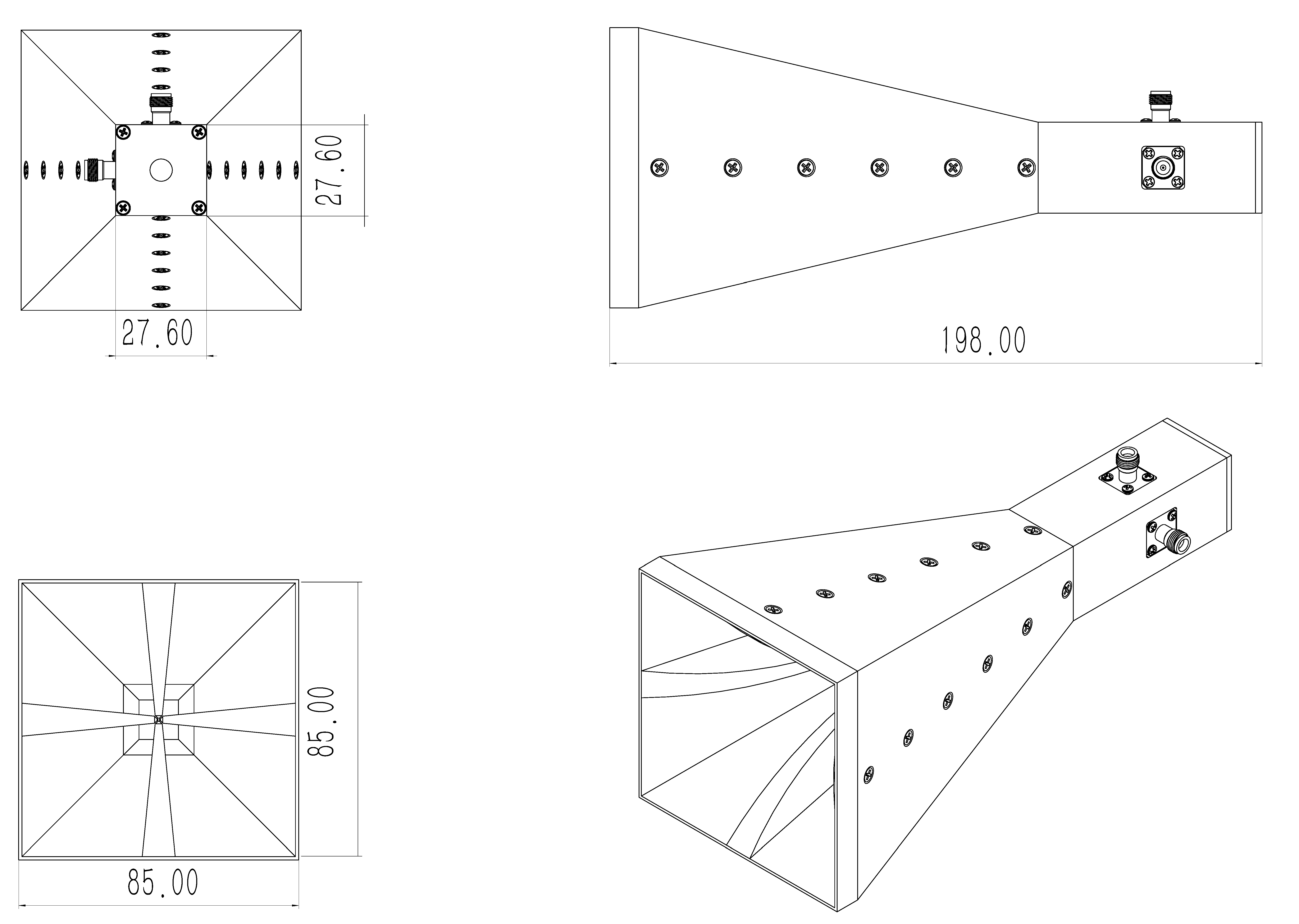 Dual Polarized Horn Antenna, 6-18GHz ODPA-60180-85mm-Outline