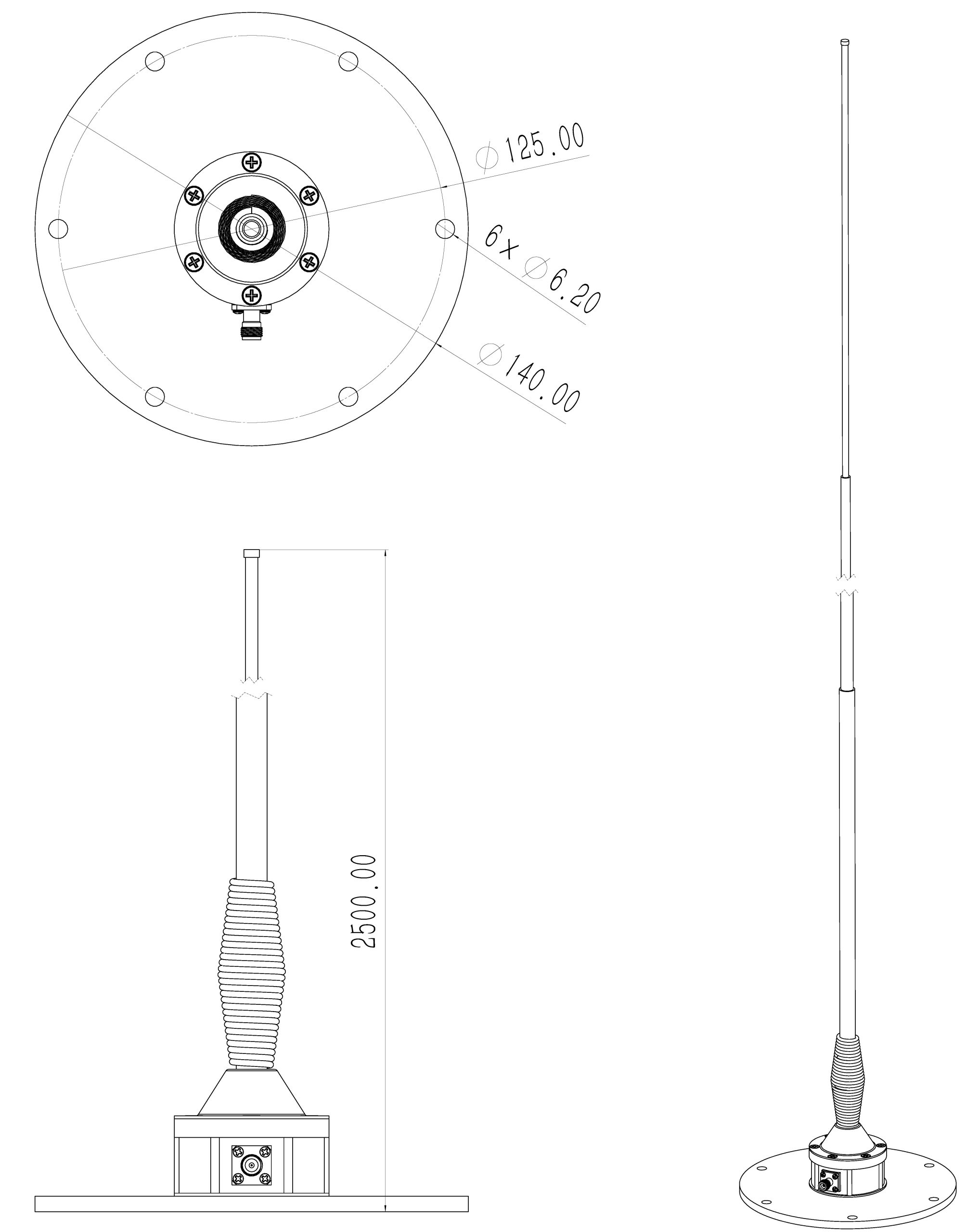 30MHz to 600MHz, N Female, Dipole Antenna-OPO-00306-100W-Outline