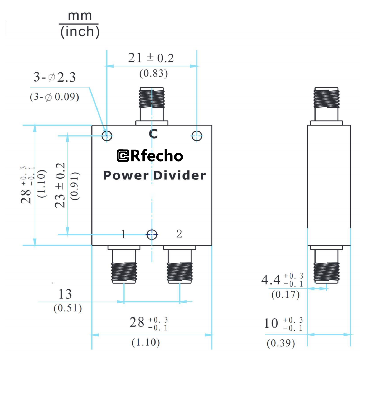 1-4GHz Insertion Loss 0.50dB SMA Connector 0° Power Divider-Outline
