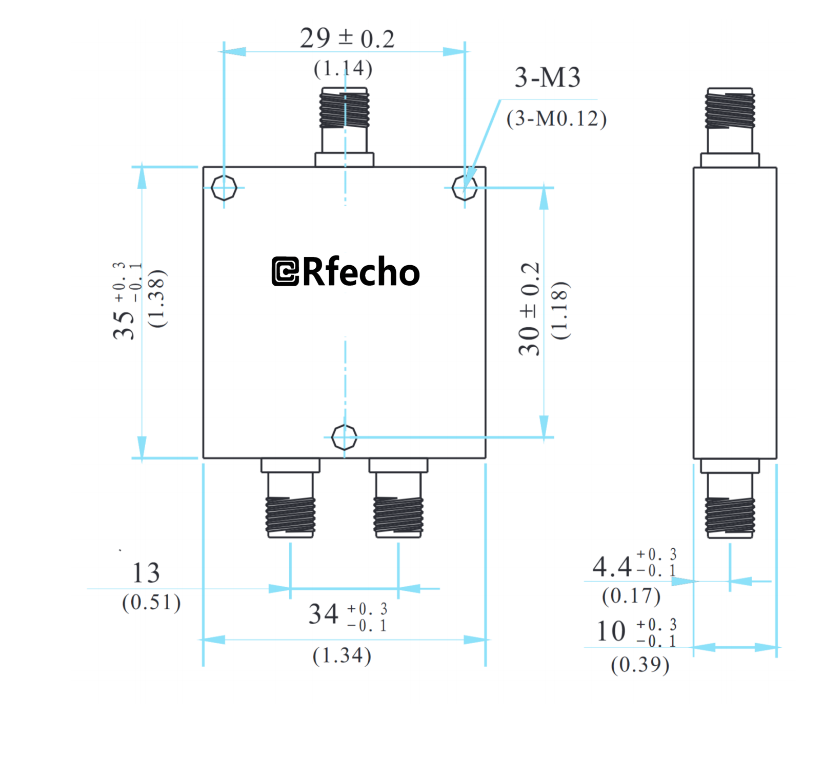 0.5-1GHz Insertion Loss 0.35dB SMA Connector 0° Power Divider-Outline