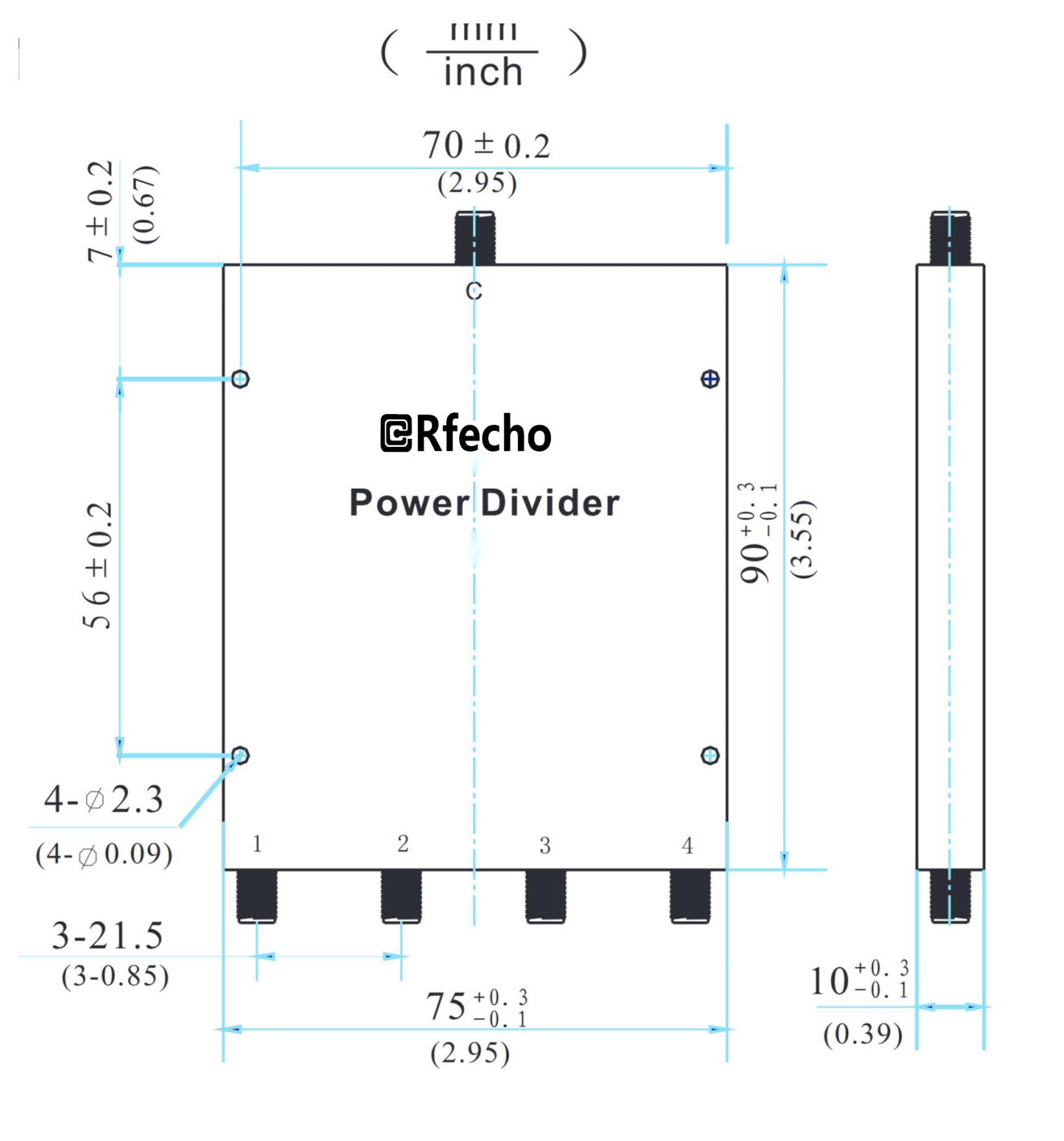 1-12.4GHz Insertion Loss 2.80dB SMA Connector 0° Power Divider-Outline