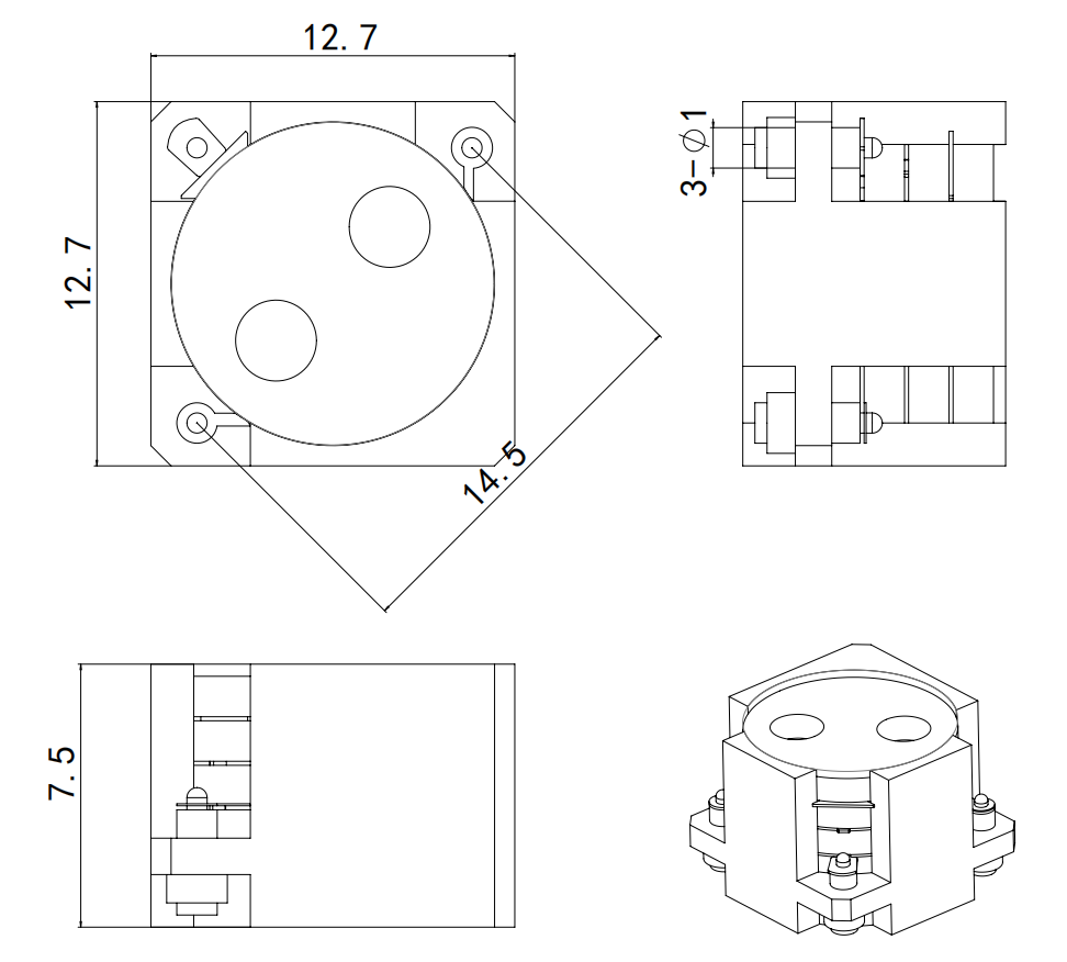3.3 GHz to 3.6 GHz, 0.25 dB Insertion Loss, 20.0 dB Isolation, SMD Series Circulators OH120A-3300-3600-Outline