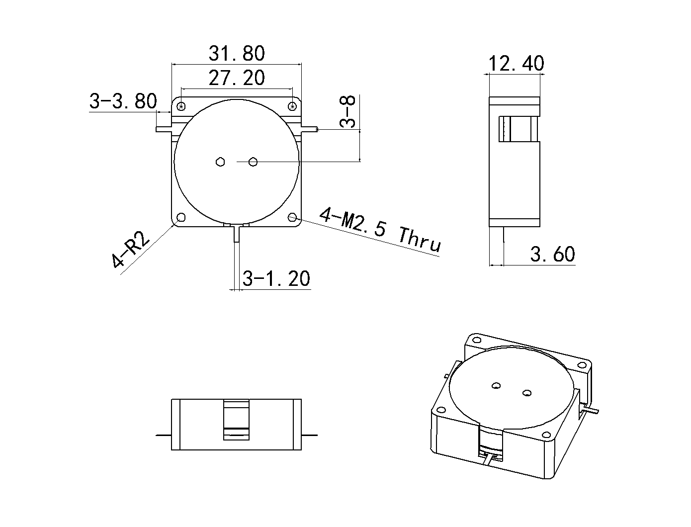 1.805 GHz to 2.17 GHz, 0.3 dB Insertion Loss, 20.0 dB Isolation, Drop-in Series Circulators OH542-1805-2170-Outline