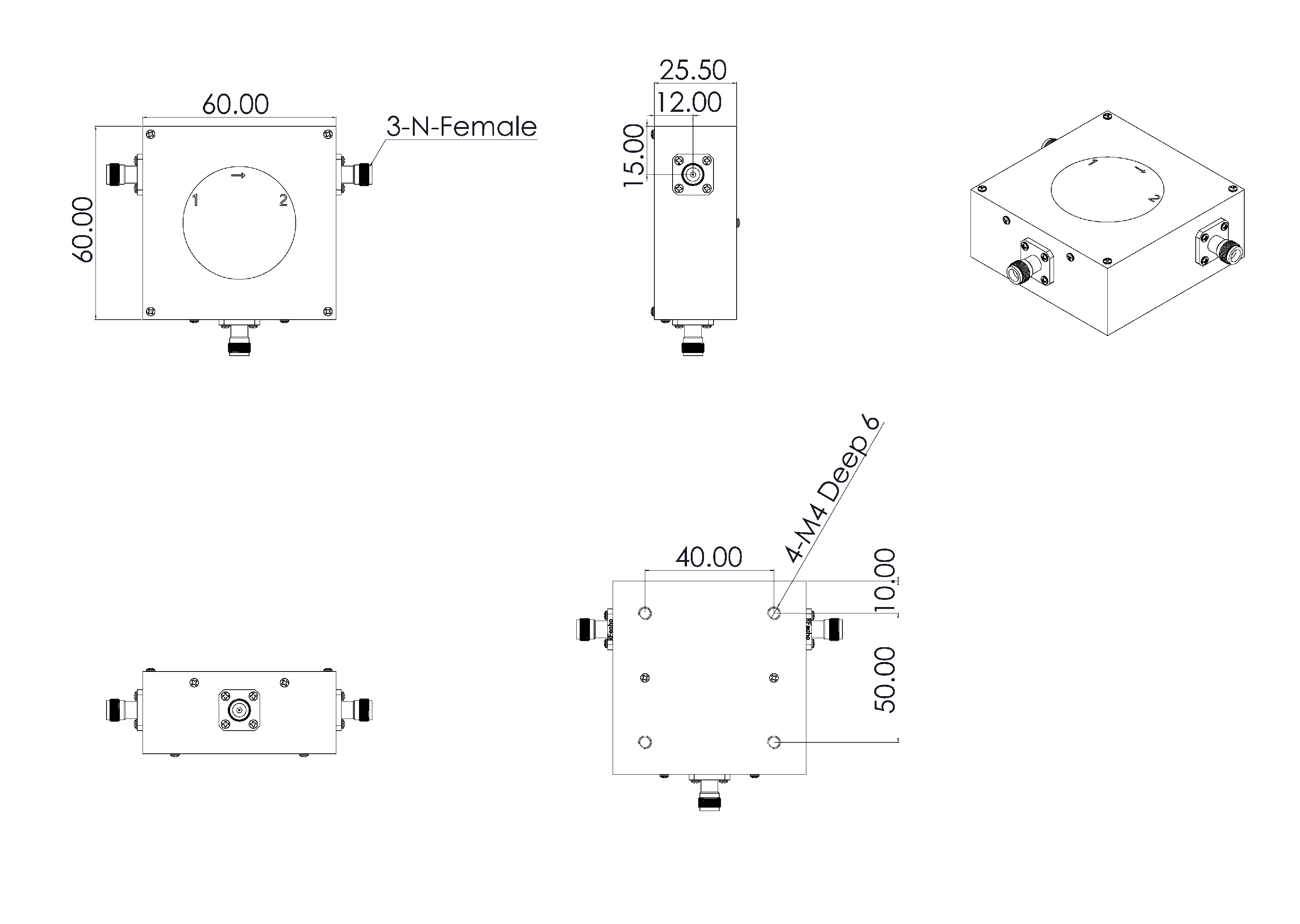 0.04 GHz to 0.042 GHz, 1.5 dB Insertion Loss, 16.0 dB Isolation, Coaxial Series Circulators OH6A038-40-42-Outline