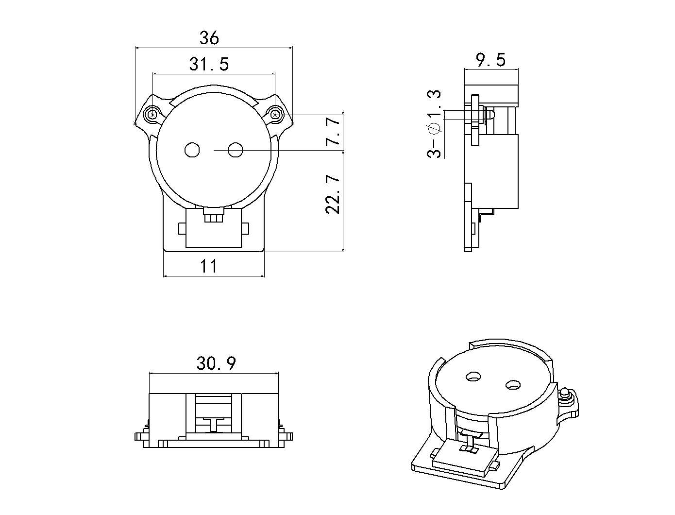 0.758 GHz to 0.821 GHz, 0.25 dB Insertion Loss, 21.0 dB Isolation, SMD Series Isolators Isolator-OHYG111B-758-821-Outline