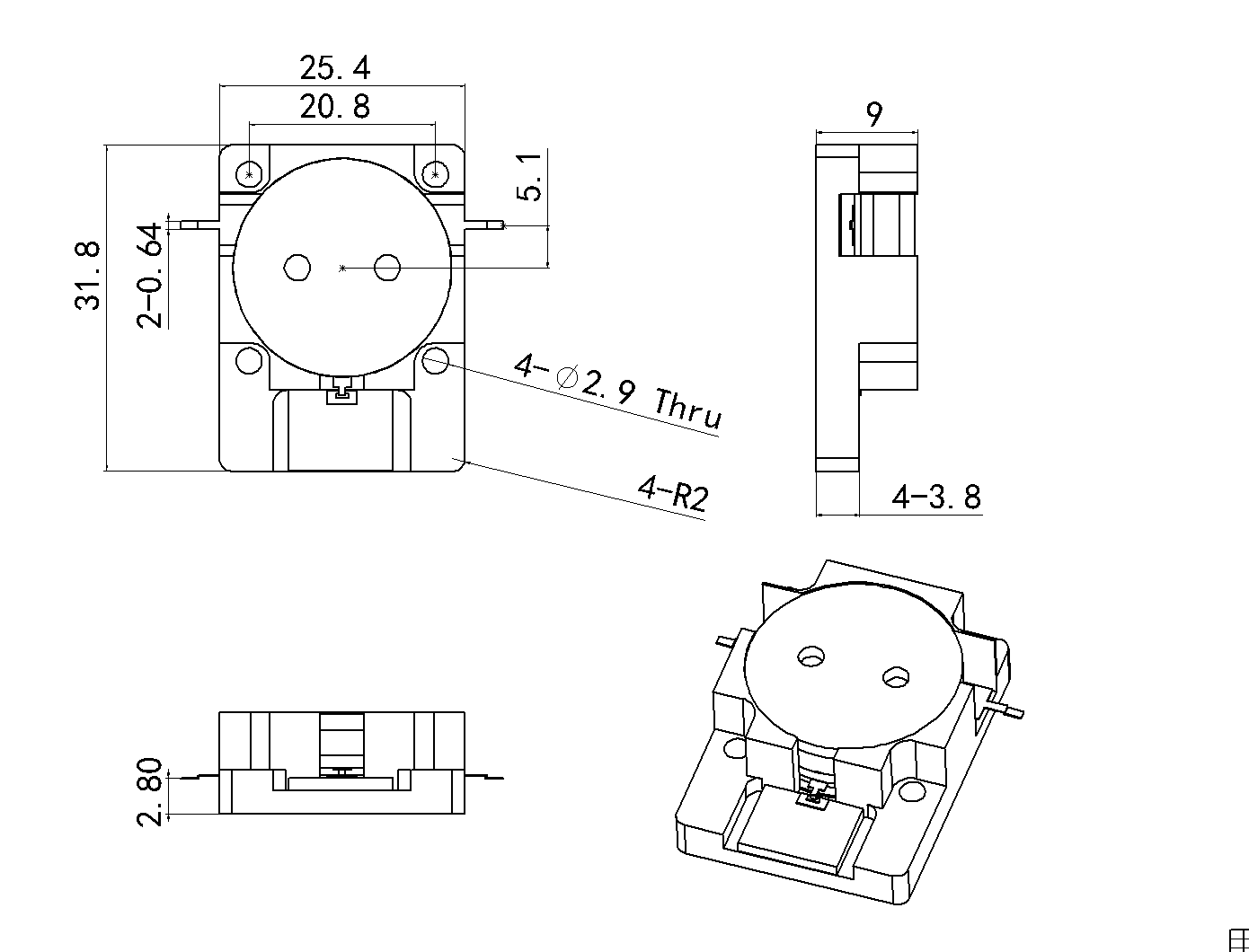 0.758 GHz to 0.821 GHz, 0.25 dB Insertion Loss, 21.0 dB Isolation, Drop-in Series Isolator-OHYG505M-758-821-Outline