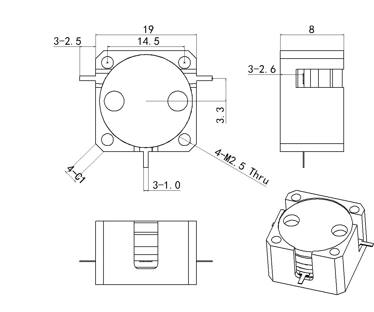 1.8 GHz to 1.88 GHz, 0.25 dB Insertion Loss, 23.0 dB Isolation, Drop-in Series Circulators OHYH524C-1800-1880-Outline