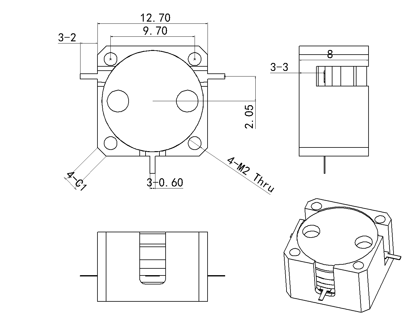 1.805 GHz to 1.88 GHz, 0.3 dB Insertion Loss, 20.0 dB Isolation, Drop-in Series Circulators OHYH531A-1805-1880-Outline