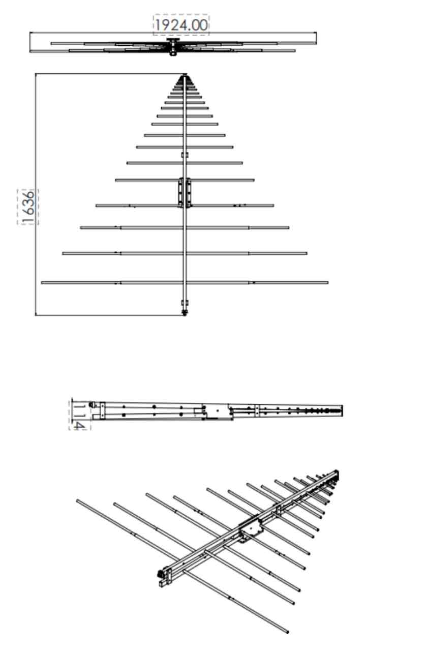 7.5 dBi Gain, 0.08GHz to 2GHz, Log-Periodic Antenna OLP-00820-Outline