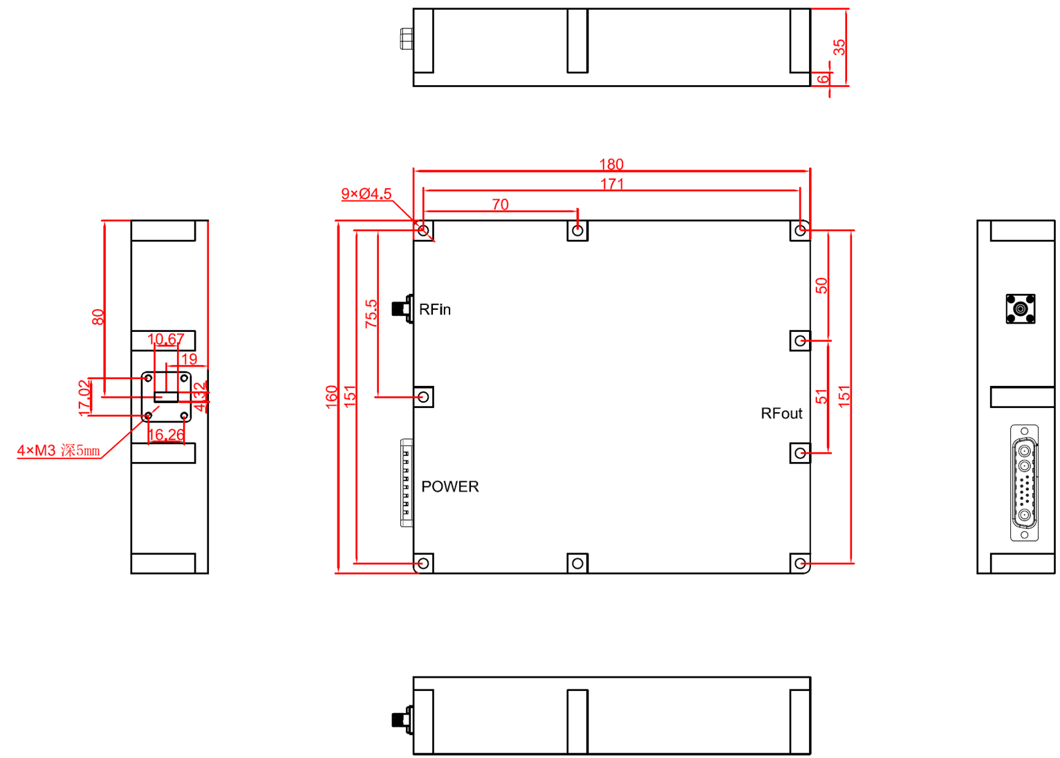 50W Power Amplifier 18-26 GHz-Outline