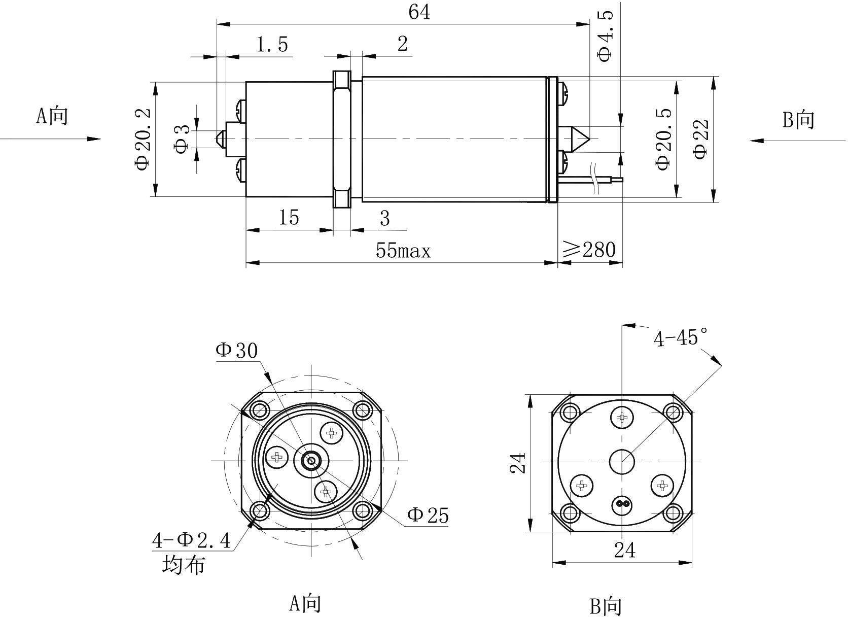 OJ20MZ002 DC Solenoid – 27VDC, ≥10N, ≥2mm stroke-Outline