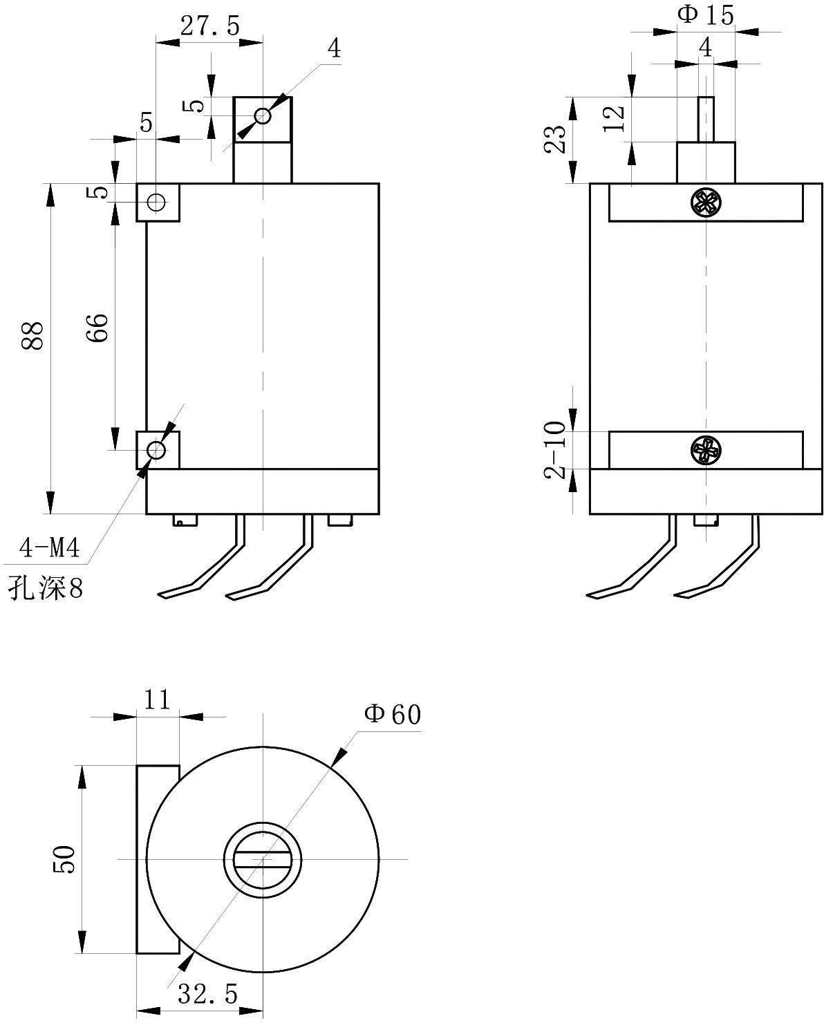 OL6072 DC Solenoid – 27VDC, ≥150N, ≥8mm stroke-Outline