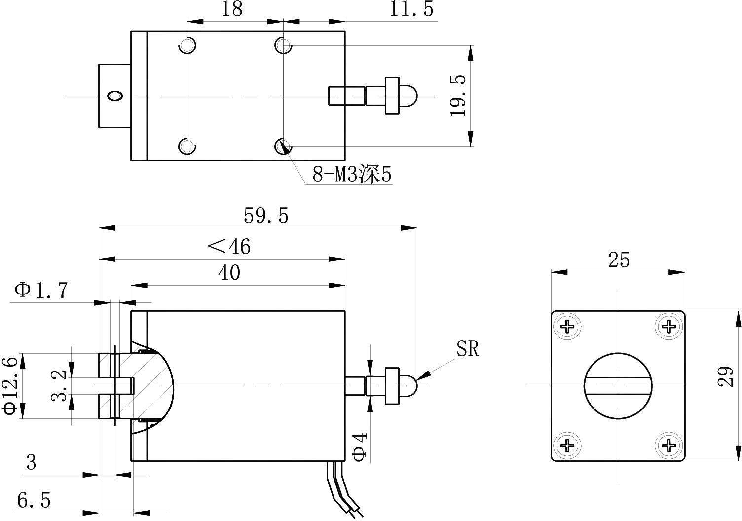 OL6106 DC Solenoid – 12VDC, ≥5N, 7mm stroke-Outline
