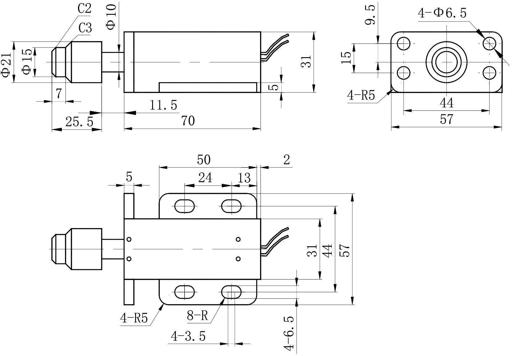 OL6166 DC Solenoid – 28VDC, ≥10N, 11mm stroke-Outline
