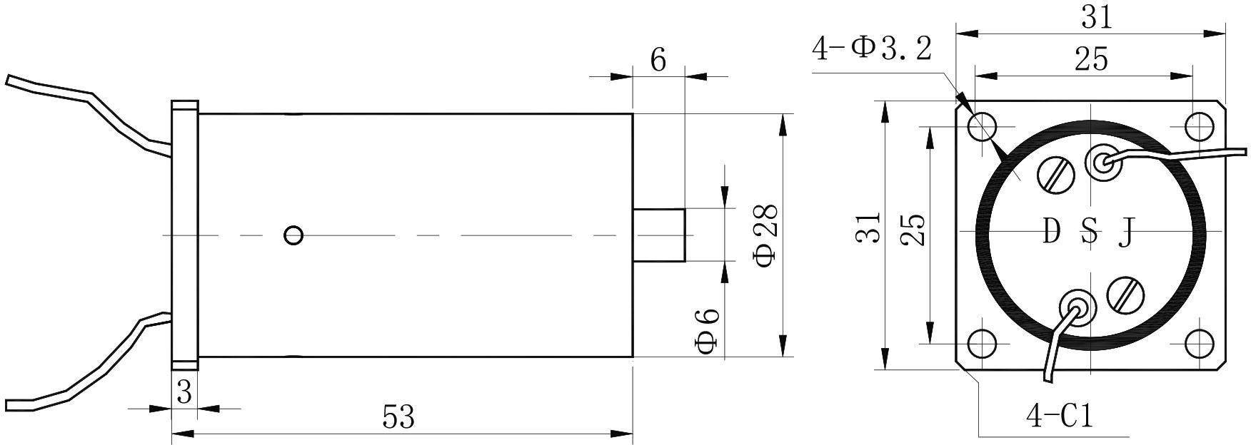 OL6184 DC Solenoid – 28VDC, ≥10N, 6mm stroke-Outline