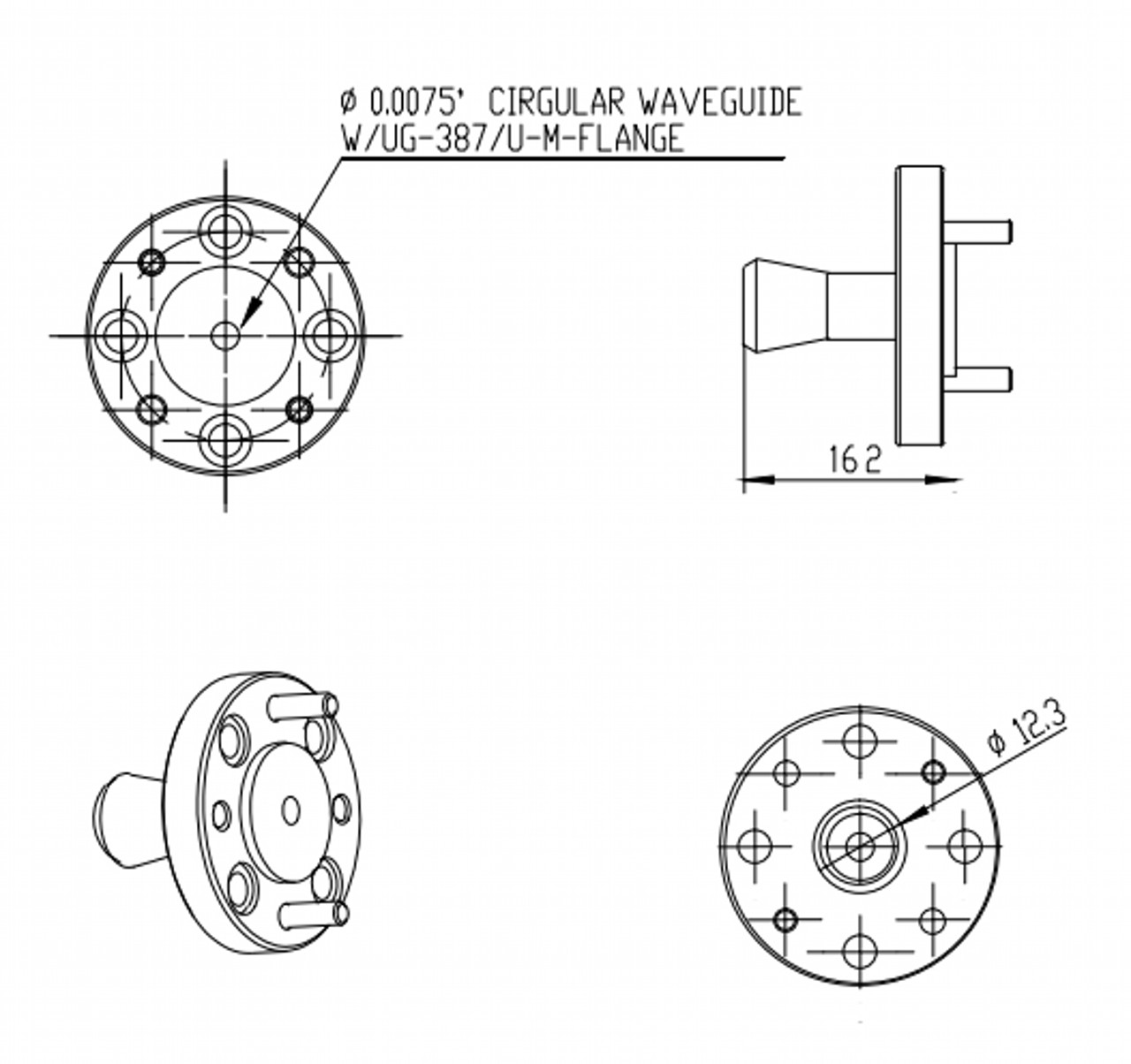 15 dBi Gain, 115 GHz to 140 GHz, 0.75″ Diameter Circular Waveguide WR-75 Waveguide D Band Conical Horn Antennas-Outline