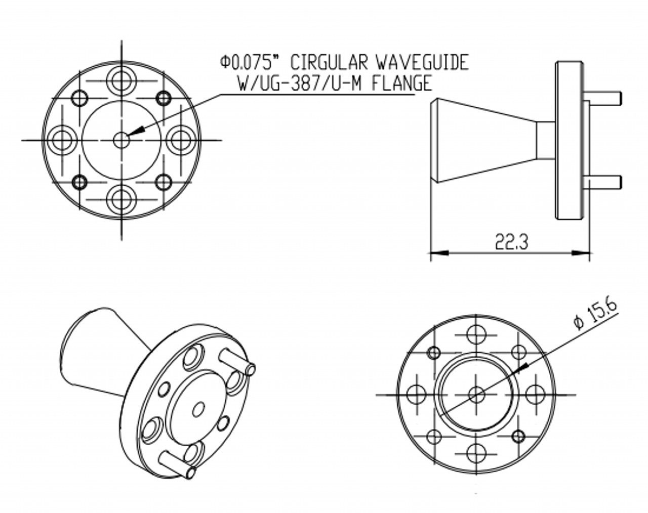 20 dBi Gain, 115 GHz to 140 GHz, 0.75″ Diameter Circular Waveguide WR-75 Waveguide D Band Conical Horn Antennas-Outline