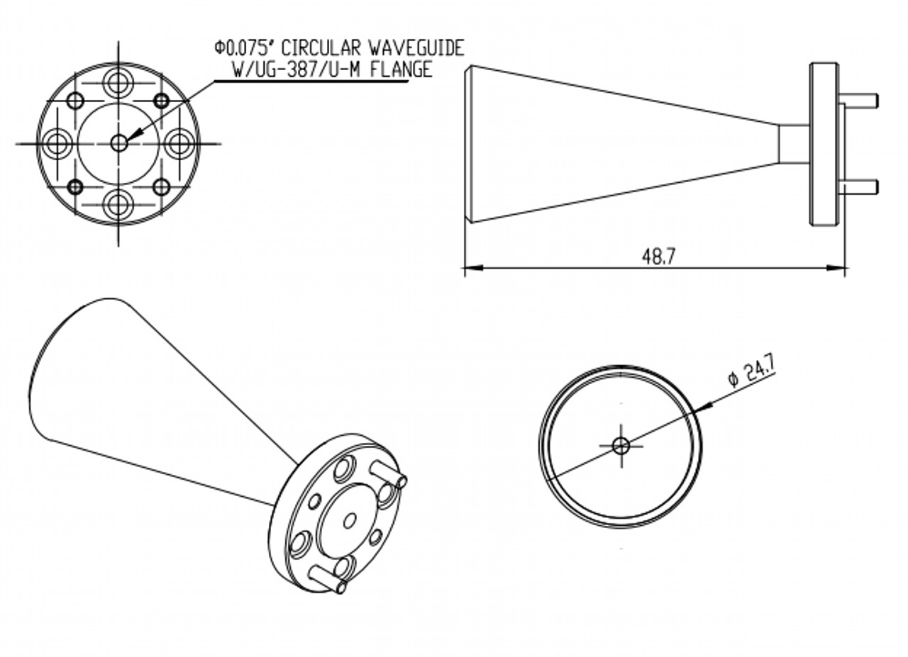 25 dBi Gain, 115 GHz to 140 GHz, 0.75″ Diameter Circular Waveguide WR-75 Waveguide D Band Conical Horn Antennas-Outline