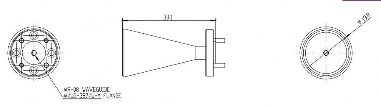 23 dBi Gain, 100 GHz to 112 GHz, 0.08″ Diameter Circular Waveguide WR-08 Waveguide F Band Conical Horn Antennas-Outline