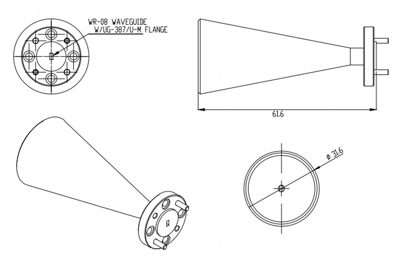 25 dBi Gain, 100 GHz to 112 GHz, 0.08″ Diameter Circular Waveguide WR-08 Waveguide F Band Conical Horn Antennas-Outline
