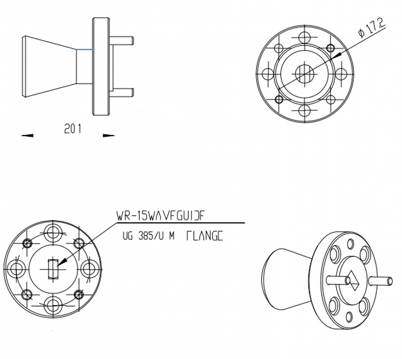 15 dBi Gain, 87 GHz to 100 GHz, 0.094″ Diameter Circular Waveguide WR-94 Waveguide W Band Conical Horn Antennas-Outline