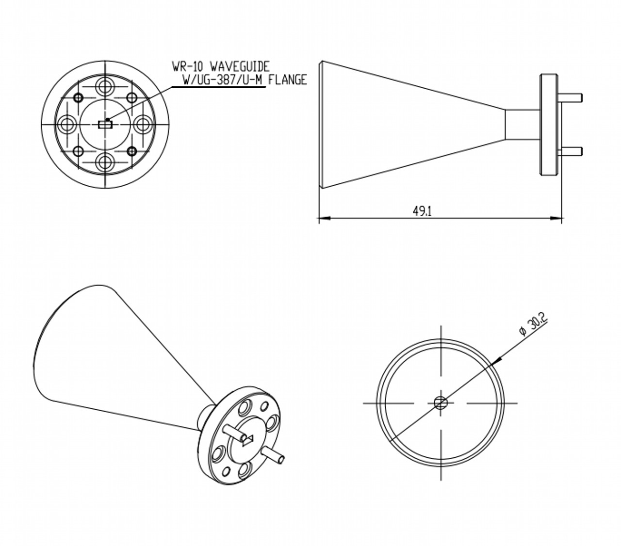 15 dBi Gain, 87 GHz to 100 GHz, 0.1″ Diameter Circular Waveguide WR-10 Waveguide W Band Conical Horn Antennas-Outline