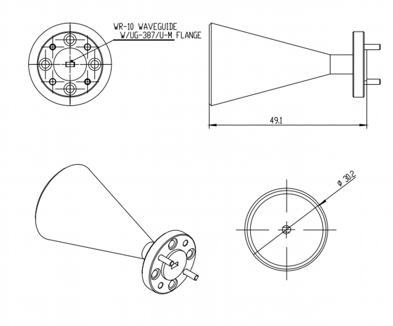 23 dBi Gain, 87 GHz to 100 GHz, 0.1″ Diameter Circular Waveguide WR-10 Waveguide W Band Conical Horn Antennas-Outline