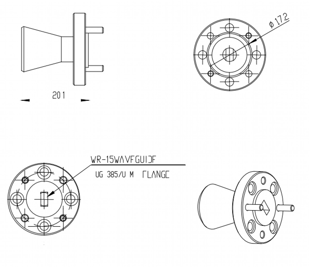 20 dBi Gain, 77 GHz to 87 GHz, 0.11″ Diameter Circular Waveguide WR-110 Waveguide E Band Conical Horn Antennas-Outline