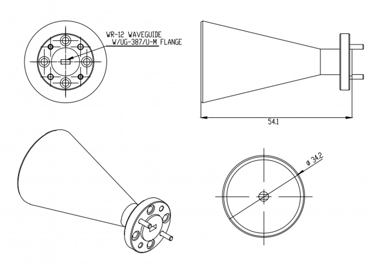 23 dBi Gain, 68 GHz to 77 GHz, 0.12″ Diameter Circular Waveguide WR-12 Waveguide E Band Conical Horn Antennas-Outline
