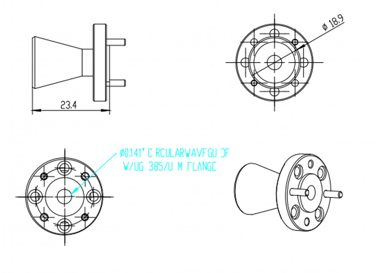14 dBi Gain, 58 GHz to 68 GHz, 0.141″ Diameter Circular Waveguide WR-141 Waveguide V Band Conical Horn Antennas-Outline