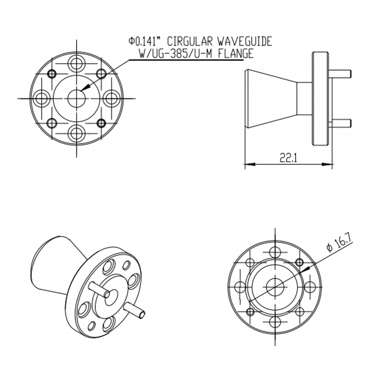 15 dBi Gain, 58 GHz to 68 GHz, 0.141″ Diameter Circular Waveguide WR-141 Waveguide V Band Conical Horn Antennas-Outline