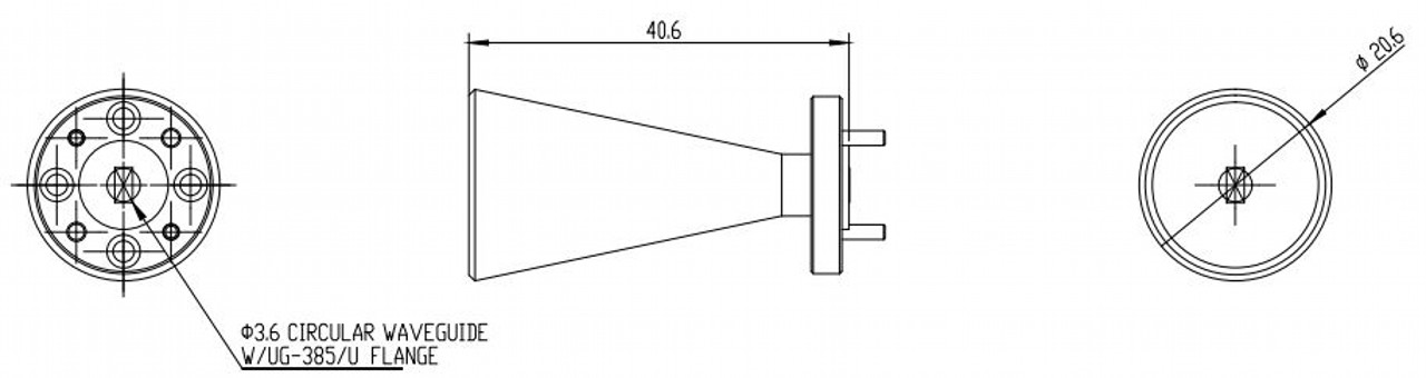 20 dBi Gain, 58 GHz to 68 GHz, 0.141″ Diameter Circular Waveguide WR-141 Waveguide V Band Conical Horn Antennas-Outline