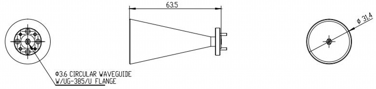 23 dBi Gain, 58 GHz to 68 GHz, 0.141″ Diameter Circular Waveguide WR-141 Waveguide V Band Conical Horn Antennas-Outline