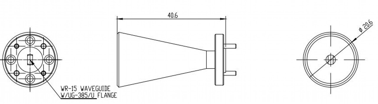 20 dBi Gain, 58 GHz to 68 GHz, 0.15″ Diameter Circular Waveguide WR-15 Waveguide V Band Conical Horn Antennas-Outline