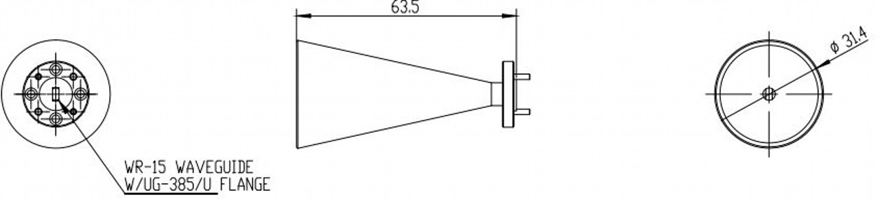 23 dBi Gain, 58 GHz to 68 GHz, 0.15″ Diameter Circular Waveguide WR-15 Waveguide V Band Conical Horn Antennas-Outline
