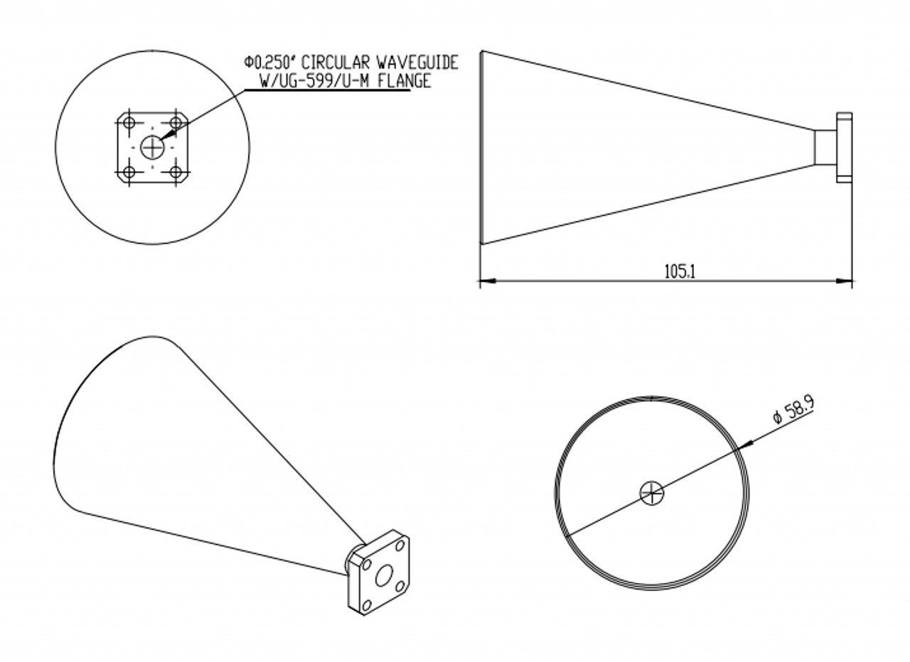 15 dBi Gain, 17.5 GHz to 20.5 GHz, 0.47″ Diameter Circular Waveguide WR-47 Waveguide K Band Conical Horn Antennas-Outline