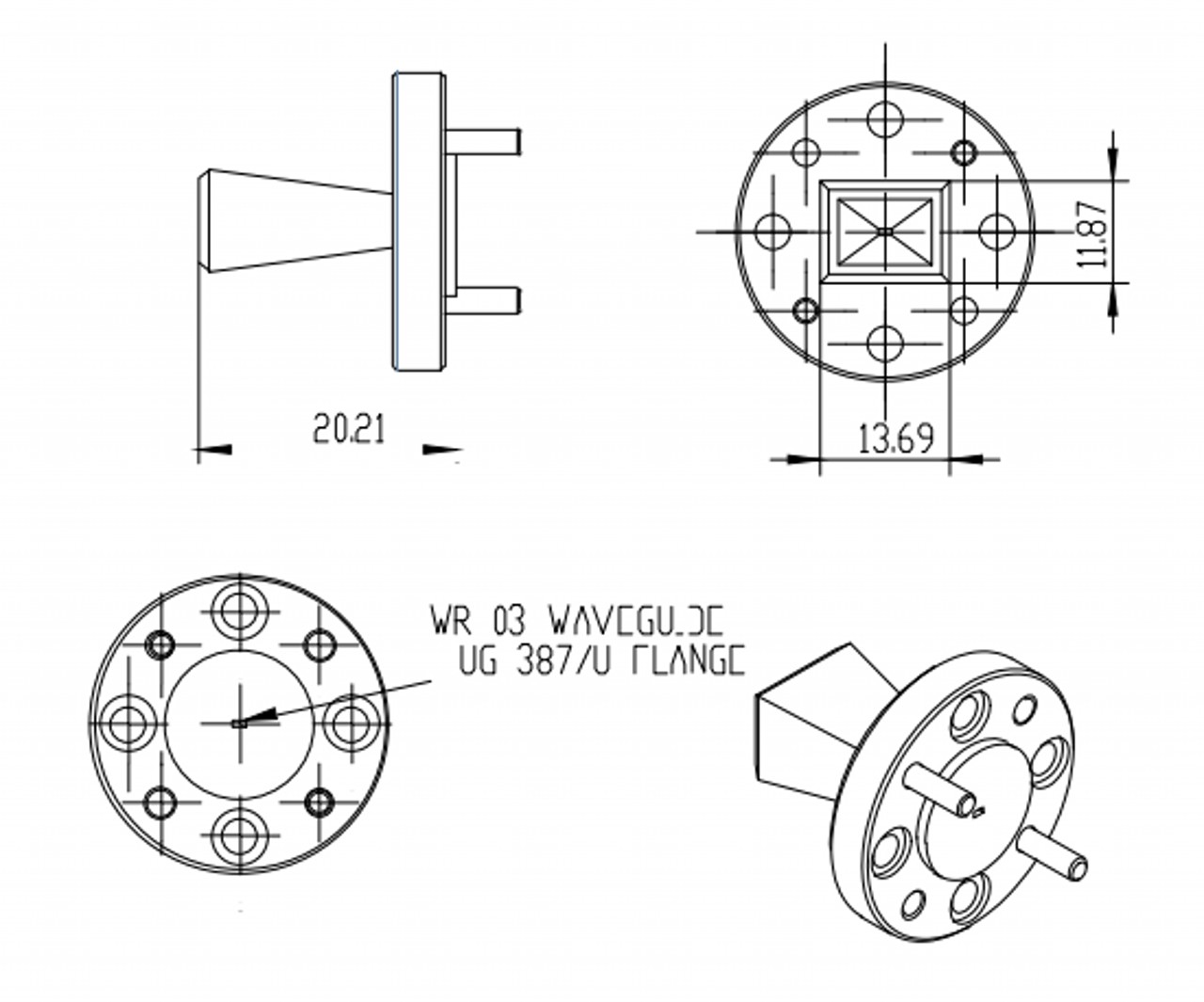 20 dBi Gain, 220 GHz to 325 GHz, WR-03 Waveguide Millimeter SGH Antenna-Outline