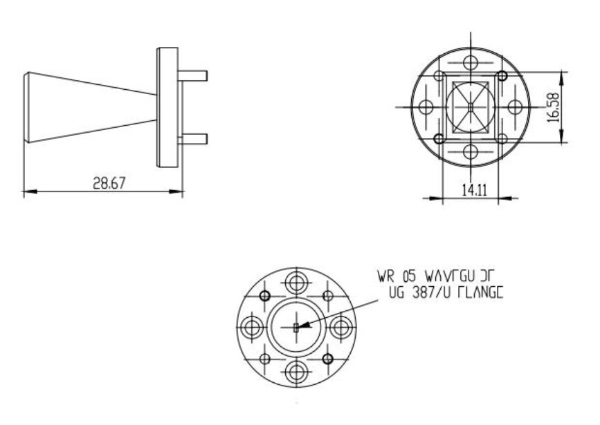 25 dBi Gain, 140 GHz to 220 GHz, WR-05 Waveguide Millimeter SGH Antenna-Outline