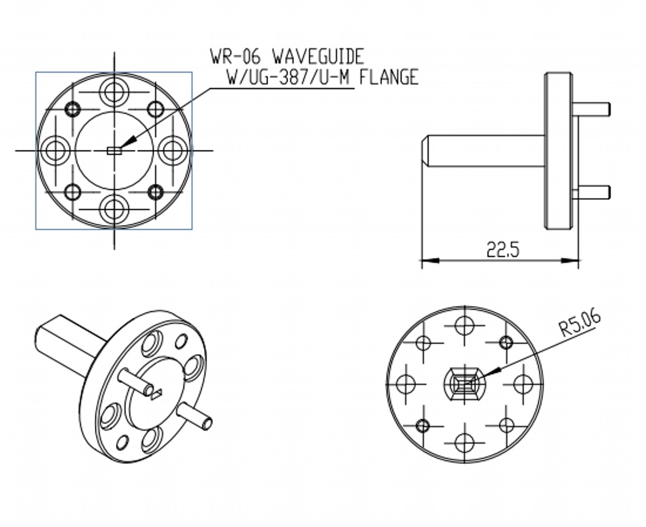 10 dBi Gain, 110 GHz to 170 GHz, WR-06 .OLB-06-10 Waveguide Millimeter SGH Antenna-Outline