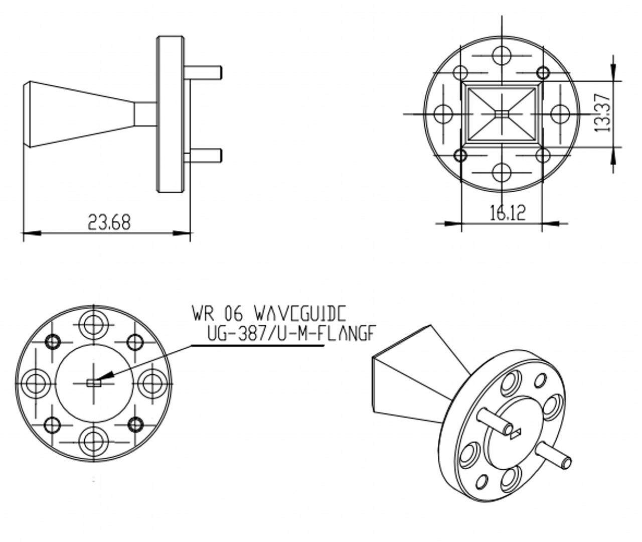 20 dBi Gain, 110 GHz to 170 GHz, WR-06 Waveguide Millimeter SGH Antenna-Outline