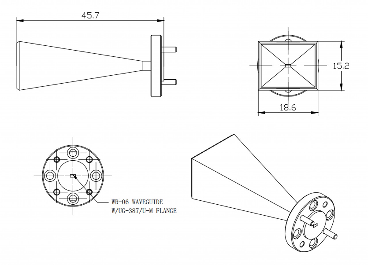 25 dBi Gain, 110 GHz to 170 GHz, WR-06 Waveguide Millimeter SGH Antenna-Outline