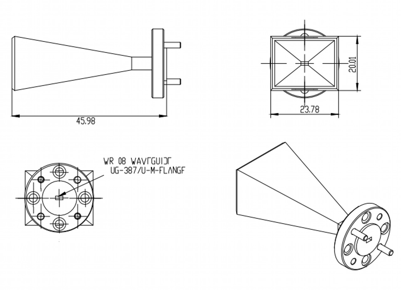 23 dBi Gain, 90 GHz to 140 GHz, WR-08 Waveguide Millimeter SGH Antenna-Outline