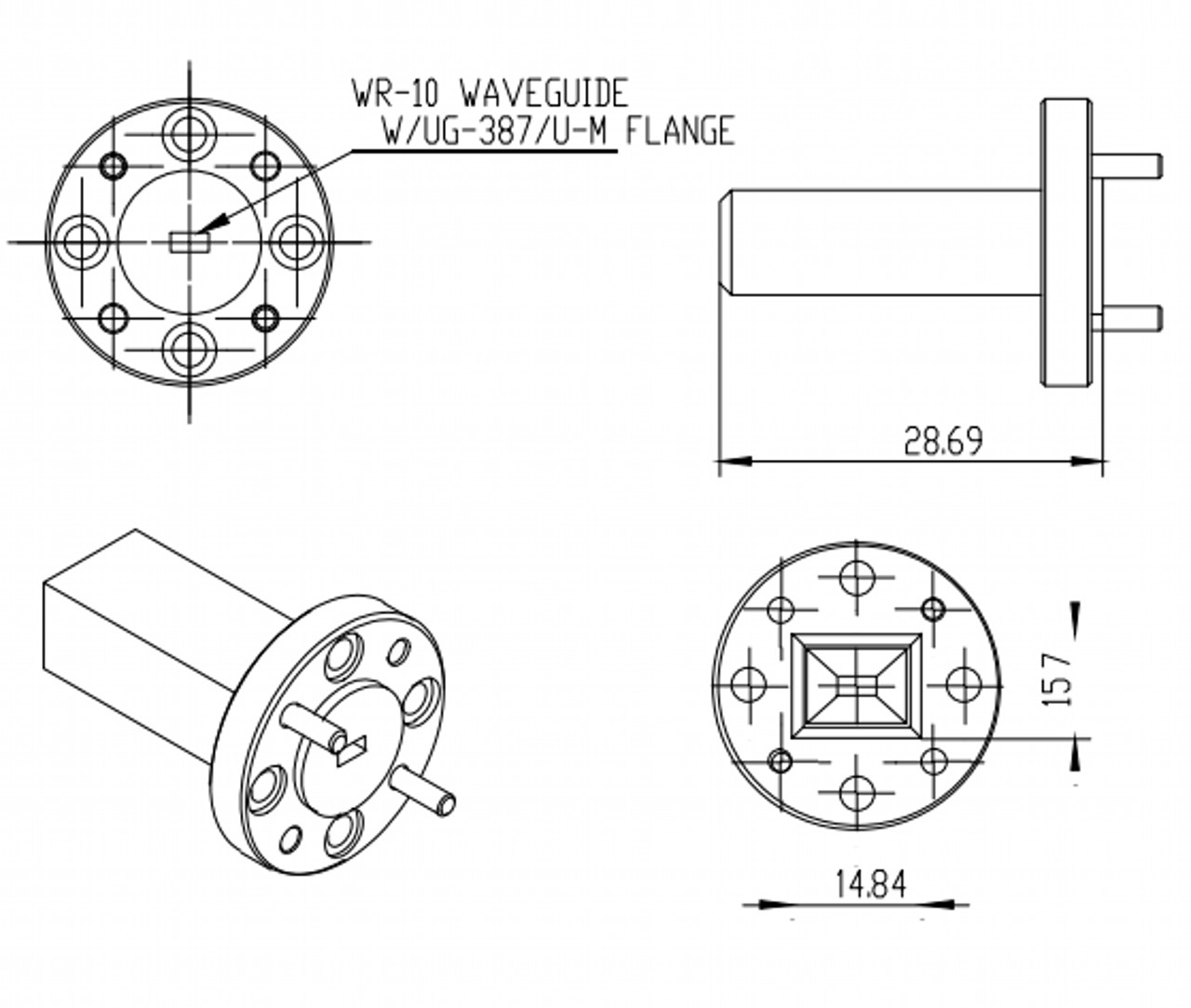 15 dBi Gain, 75 GHz to 110 GHz, WR-10 Waveguide Millimeter SGH Antenna-Outline