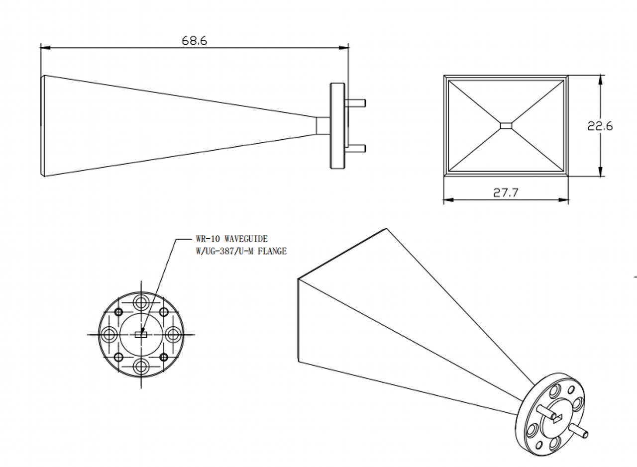 25 dBi Gain, 75 GHz to 110 GHz, WR-10 Waveguide Millimeter SGH Antenna-Outline