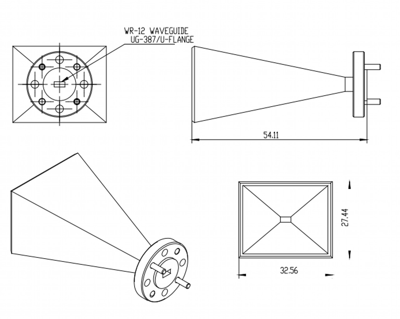 23 dBi Gain, 60 GHz to 90 GHz, WR-12 Waveguide Millimeter SGH Antenna-Outline